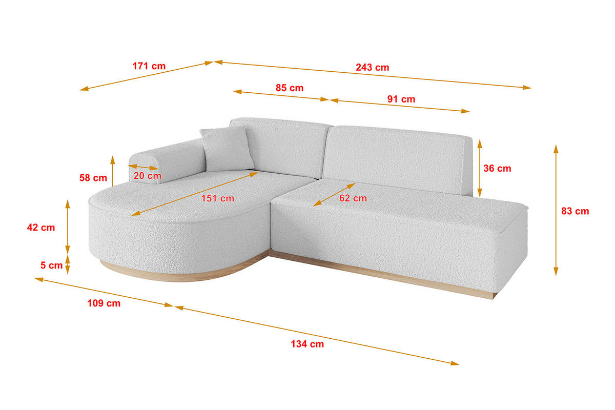 ROHOVÁ SEDAČKA s otomanem, levá ARRIO-L1 243x171x83 Bílá Buklé - bílá/černá, kompozitní dřevo/textil (243/171cm) - ALTDECOR
