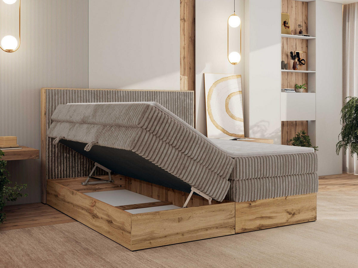 BOXBETT WOOD CLASSIC KING 180/200 - Hellbraun Cord - H4 - Hellbraun, Textil (180/200cm) - MKS