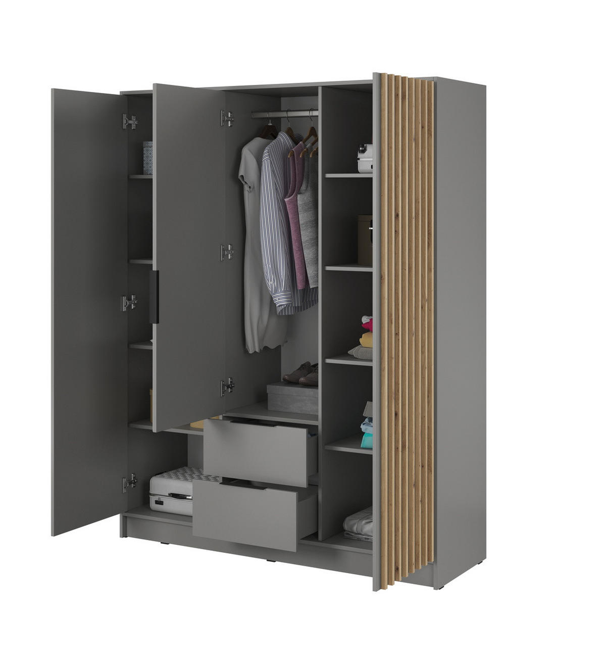 KLEIDERSCHRANK 150 cm Fioro - 3 Türen, Lamellen, Schubladen, Grau - Grau, Holz (155/200/51cm) - Emporius