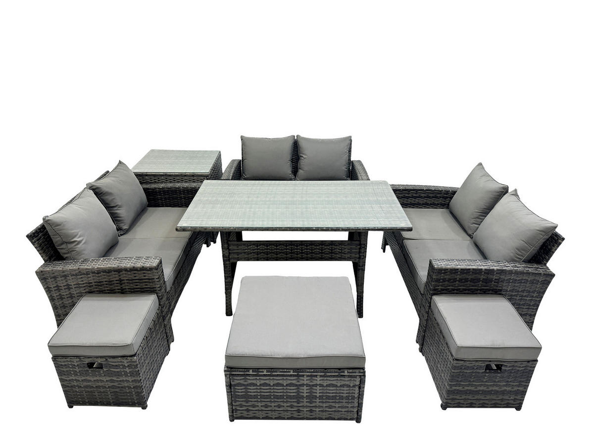 GARTENMÖBELSET mit Zweisitzer,3 Hockern,Esstisch,Beistelltisch Polyrattan Dunkelgrau 9-Sitzer - Dunkelgrau/Grau, Glas/Kunststoff - Fimous