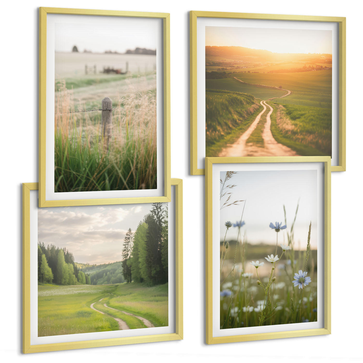 BILDER SET 4er Set - 50x50 cm & 40x60 cm Goldrahmen - Landschaften Natur Felder Sonne - Goldfarben, Kunststoff (50/50cm) - TULUP