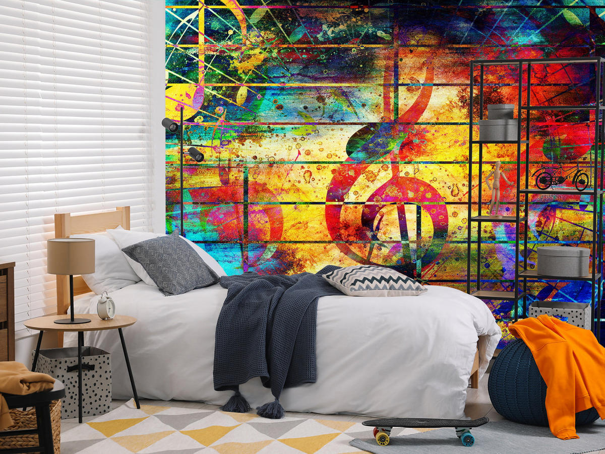 FOTOTAPETA Pre Študentskú Izbu Farebná Abstraktná HUDBA Graffiti NOTY 150 x 105 cm - oranžová/žltá, papier (150/105cm) - Muralo
