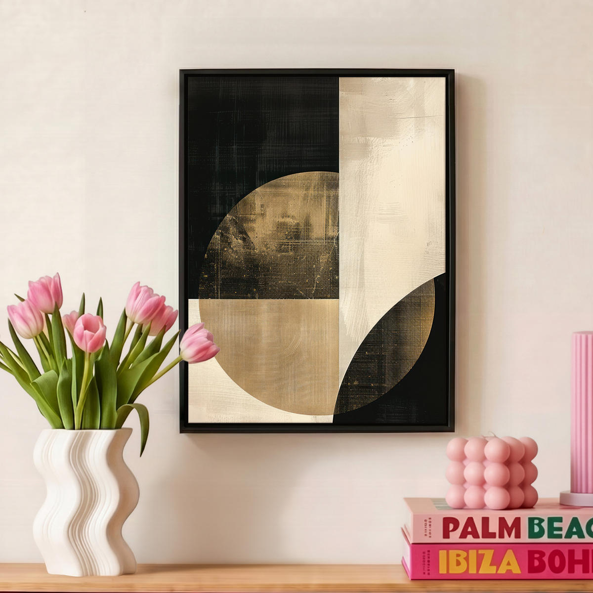 LEINWAND Bilder mit Rahmen - Abstrakt - Geometrische Formen - Schwarz - Gold - 30x40 - Ecru, Textil (30/40cm) - MuchoWow