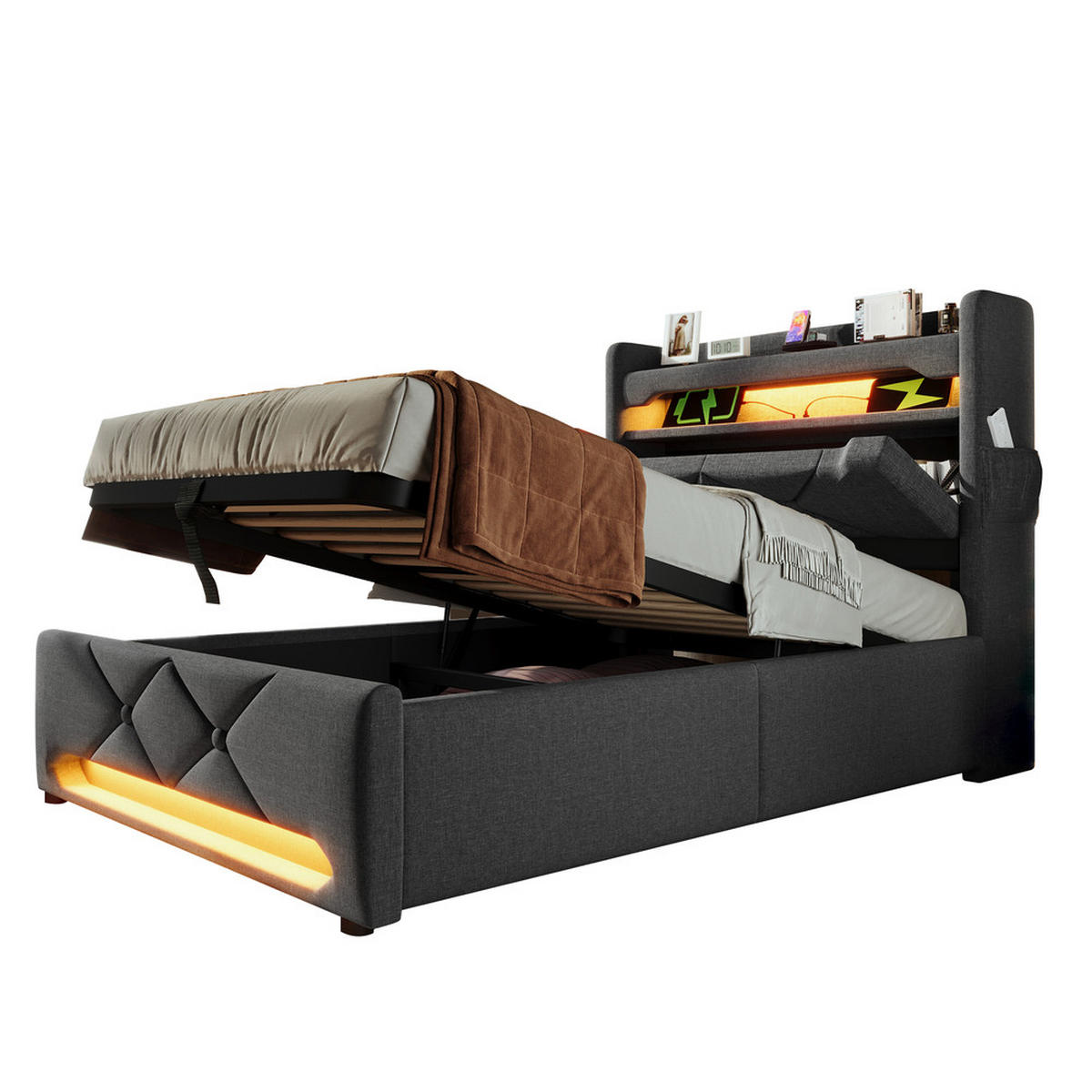 POLSTERBETT 90x200cm Einzelbett mit USB-C & 360° LED Beleuchtung Grau - Grau, Holz (90/200cm) - FLIEKS