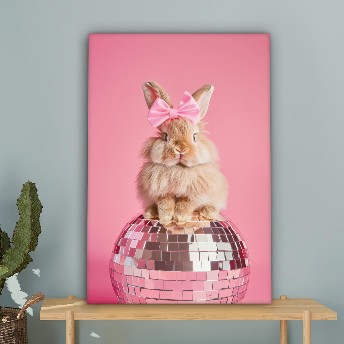 LEINWANDBILD Schleife - Discoball - Kaninchen Wanddeko 40x60 cm - Pink, Textil (40/60cm) - MuchoWow