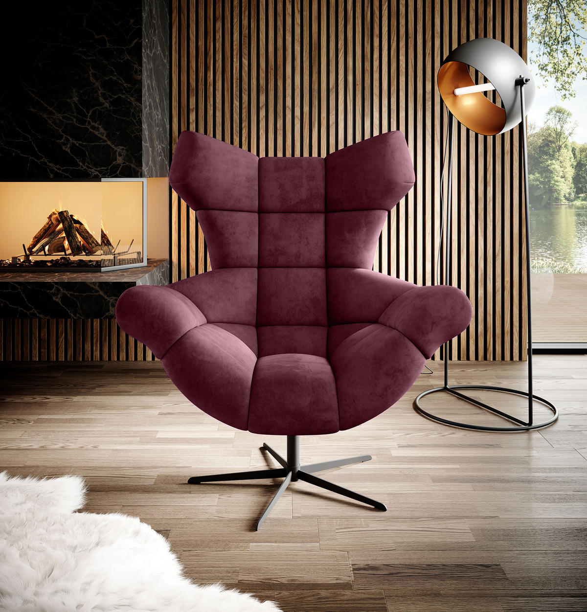 SESSEL SENSI Relaxstuhl mit 360° Drehung und Schwingfunktion – Lux-Schaumkissen, Kastanienbraun, 104x46x119 cm - Bordeaux/Schwarz, Holz/Textil (104/119/84cm) - DomoHome