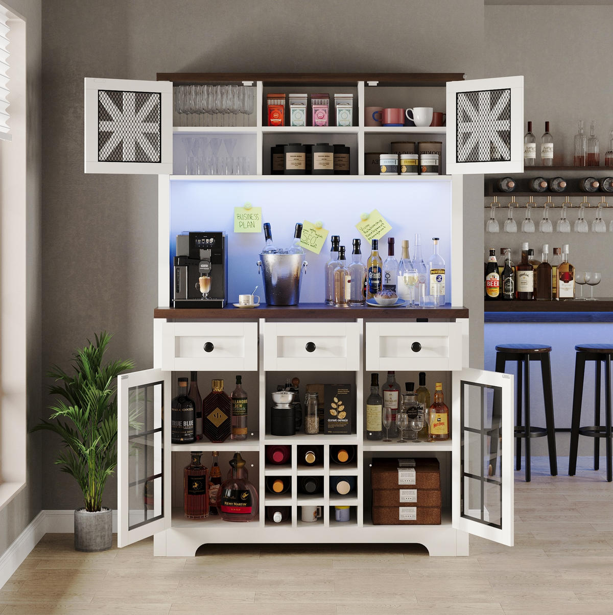 VISOKI element, 120/40/180 cm, MDF/staklo bijeli, s LED rasvjetom i stalkom za vino - bijela, drvni materijal (120/180/40cm) - BEAOK