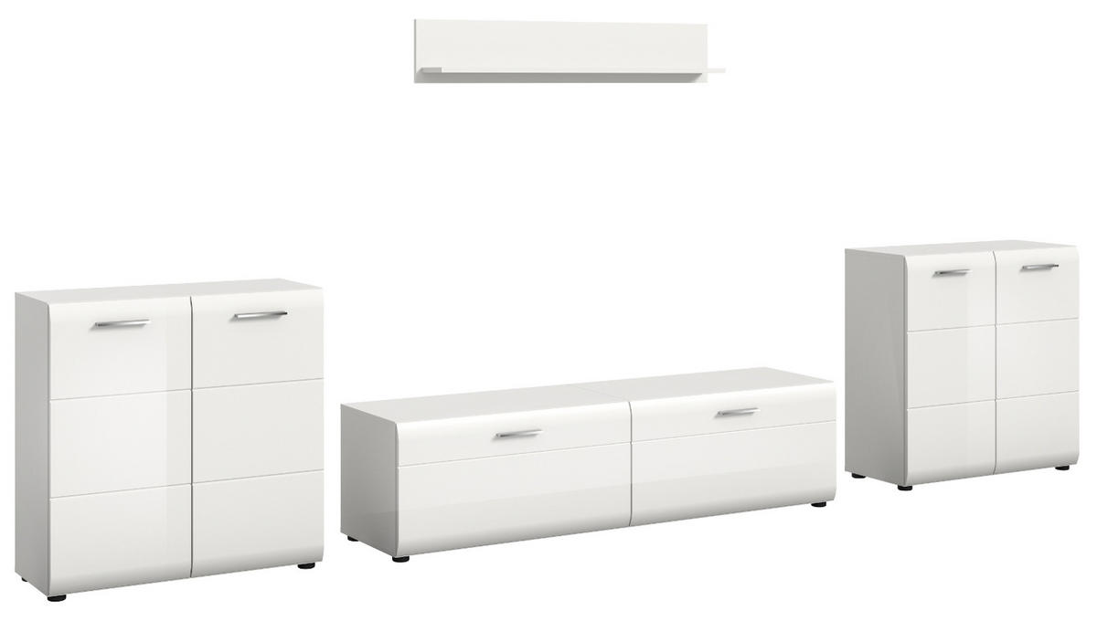 WOHNWAND weiß Hochglanz 4-teilig 350 cm, Schrankwand mit viel Stauraum - Weiß Hochglanz/Silberfarben, Glas/Holzwerkstoff (350/160/41cm) - Inn.Furn