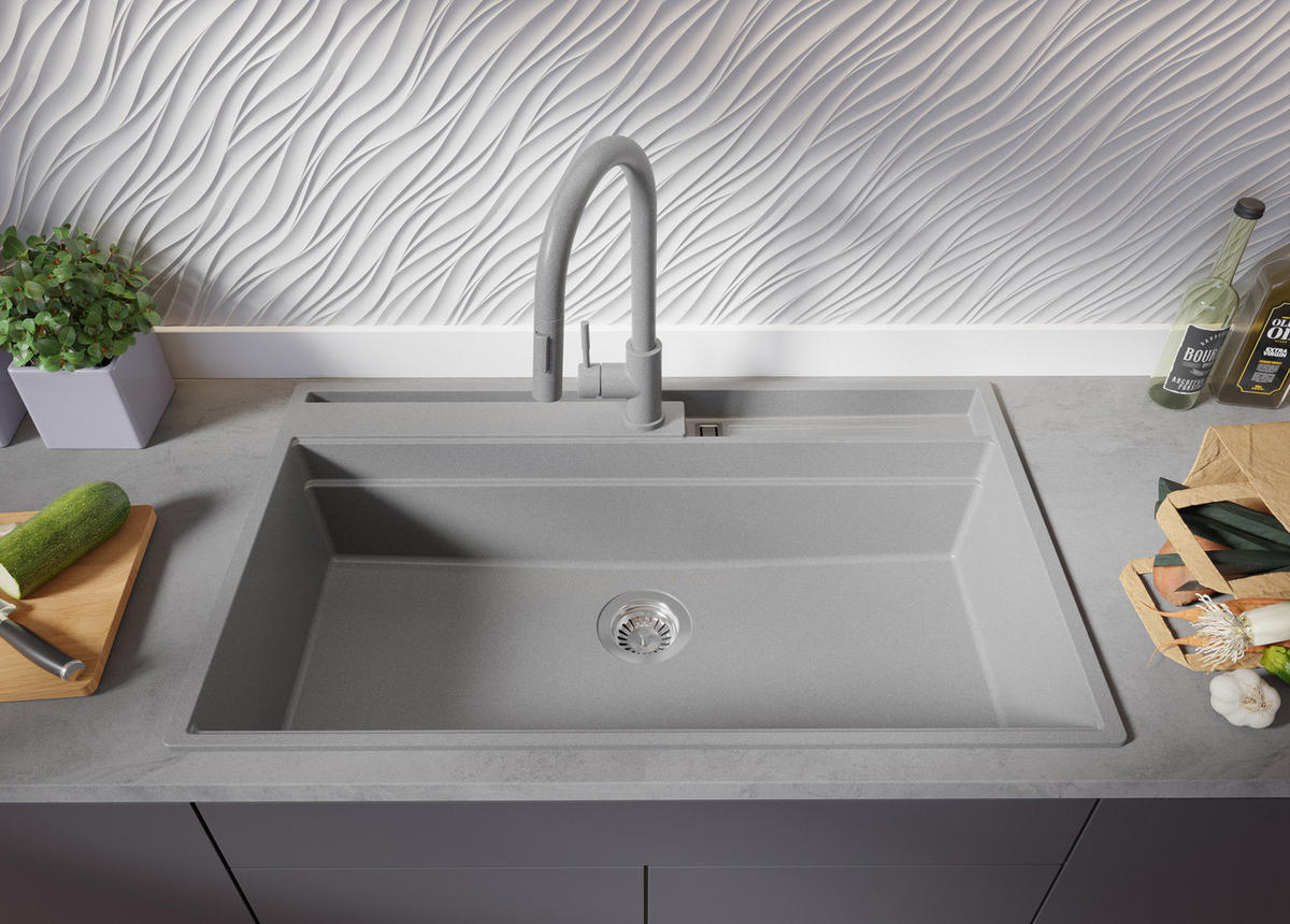 GRANITSPÜLE Oslo, 3-er set Grau 88/53 cm, 1 Becken + Küchenarmatur 40/20 cm + Ablauf-Set ab 90er Unterschrank - Chromfarben/Beige, Kunststoff (88/20/53cm) - Primagran