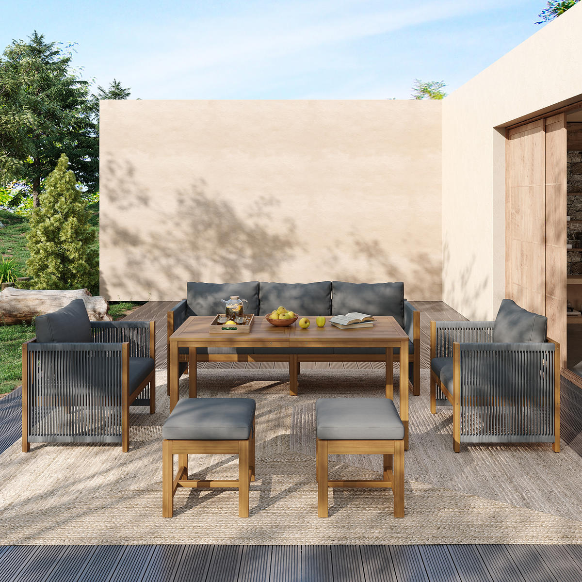 ESSGRUPPE 6-tlg. Grau 3er-Sofa 2 Einzelsofas 2 Hocker - Grau, Textil - FLIEKS