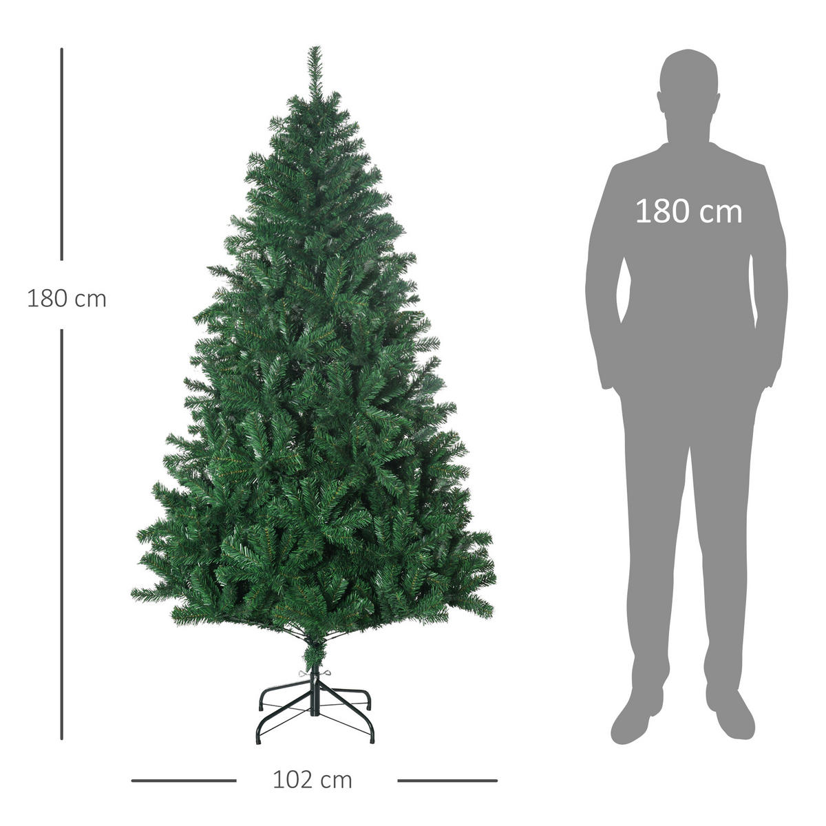 WEIHNACHTSBAUM 1,8 m Christbaum Kunsttanne 1000 Zweige Metallfuß PVC Weiß - Grün, Kunststoff (180cm) - HOMCOM