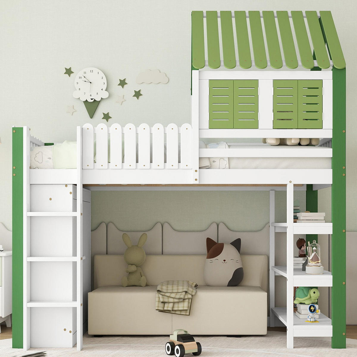 HOCHBETT 90/200 cm Weiß+Grün mit Dach und Fenster aus Kiefer+MDF - Weiß, Holzwerkstoff (90/200cm) - OKWISH