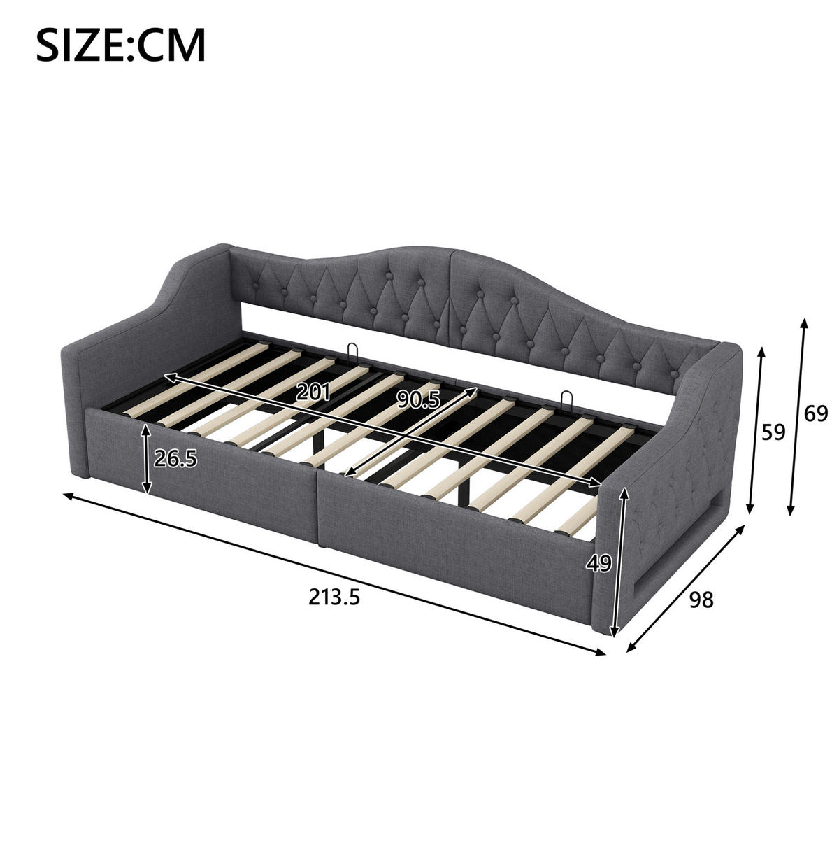 TAPECIRANI dnevni krevet 90/200 cm sivi od MDF-a i šperploče s LED rasvjetom i spremištem - siva, drvni materijal (90/200cm) - OKWISH