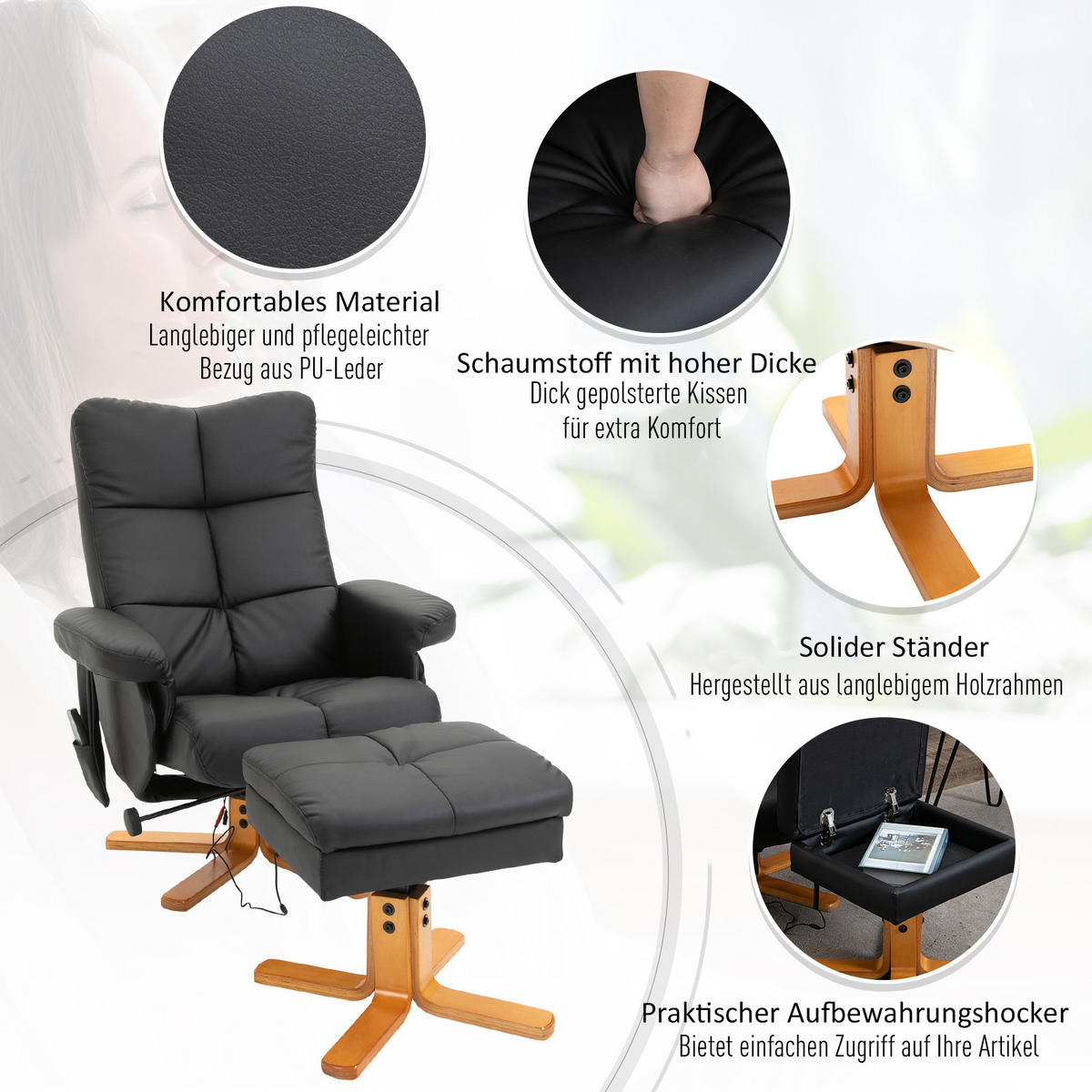 RELAXSESSEL mit Liegefunktion Massagesessel mit Fußhocker Polyester Schwarz - Schwarz, Leder/Holz (86/99/80cm) - HOMCOM