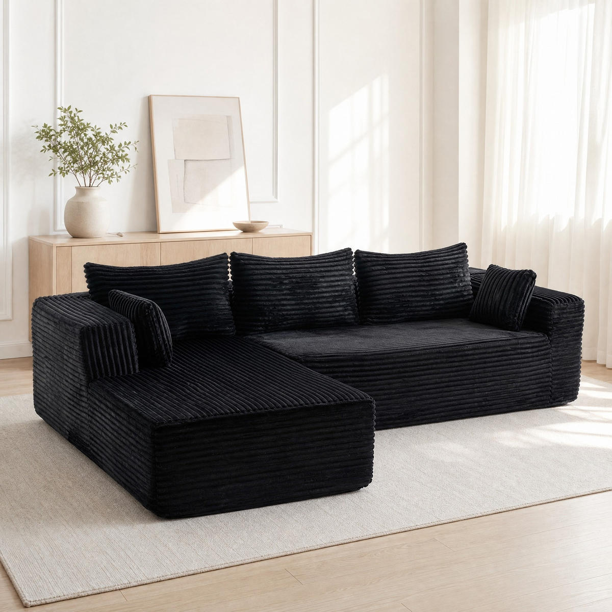 SOFA mit Chaise 2-teilig Schwarz Cord - Schwarz, Kunststoff (179/279cm) - Meubliv