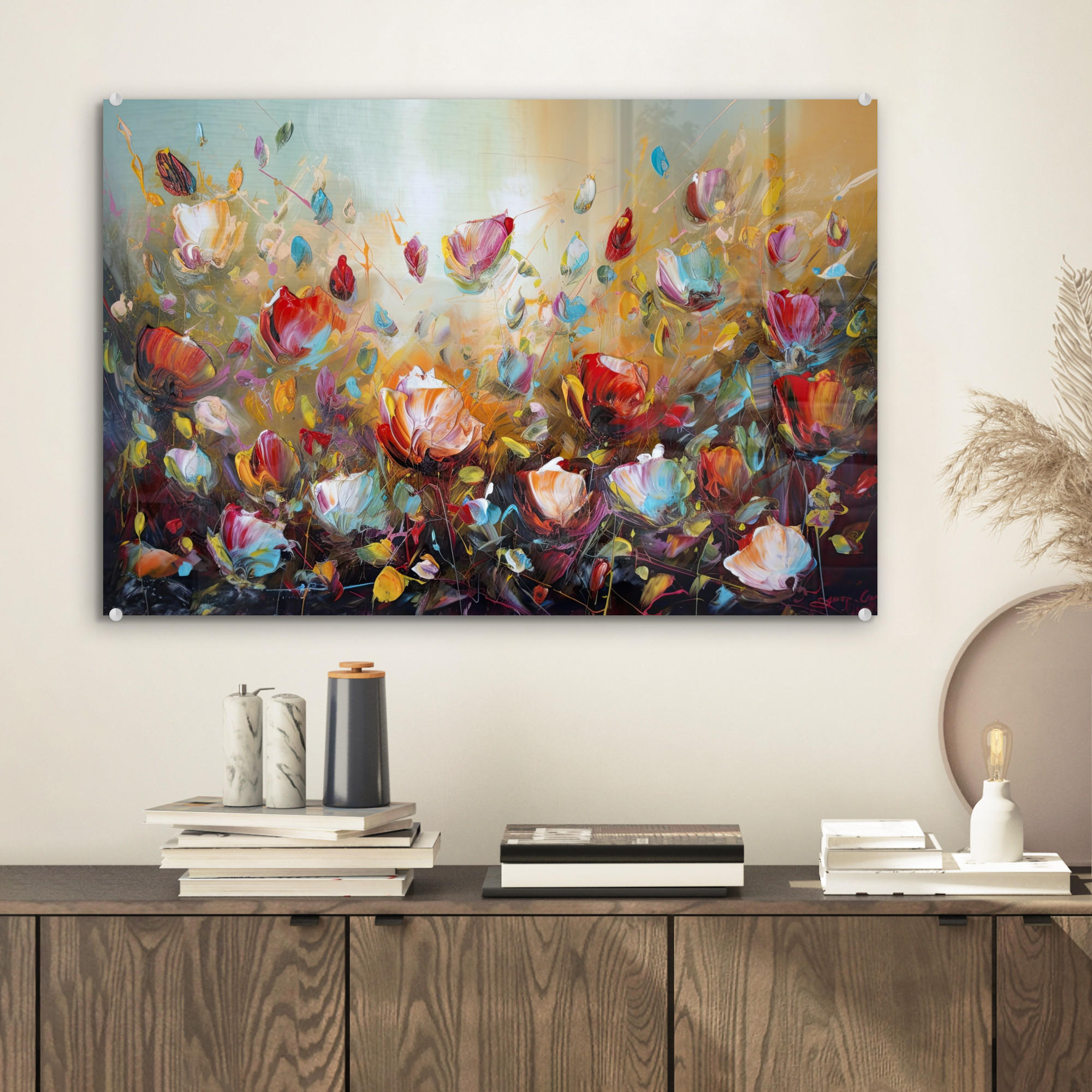 ACRYLGLASBILD Blumen - Kunst - Natur - Ölgemälde 60x40 cm - Multicolor, Glas (60/40cm) - MuchoWow