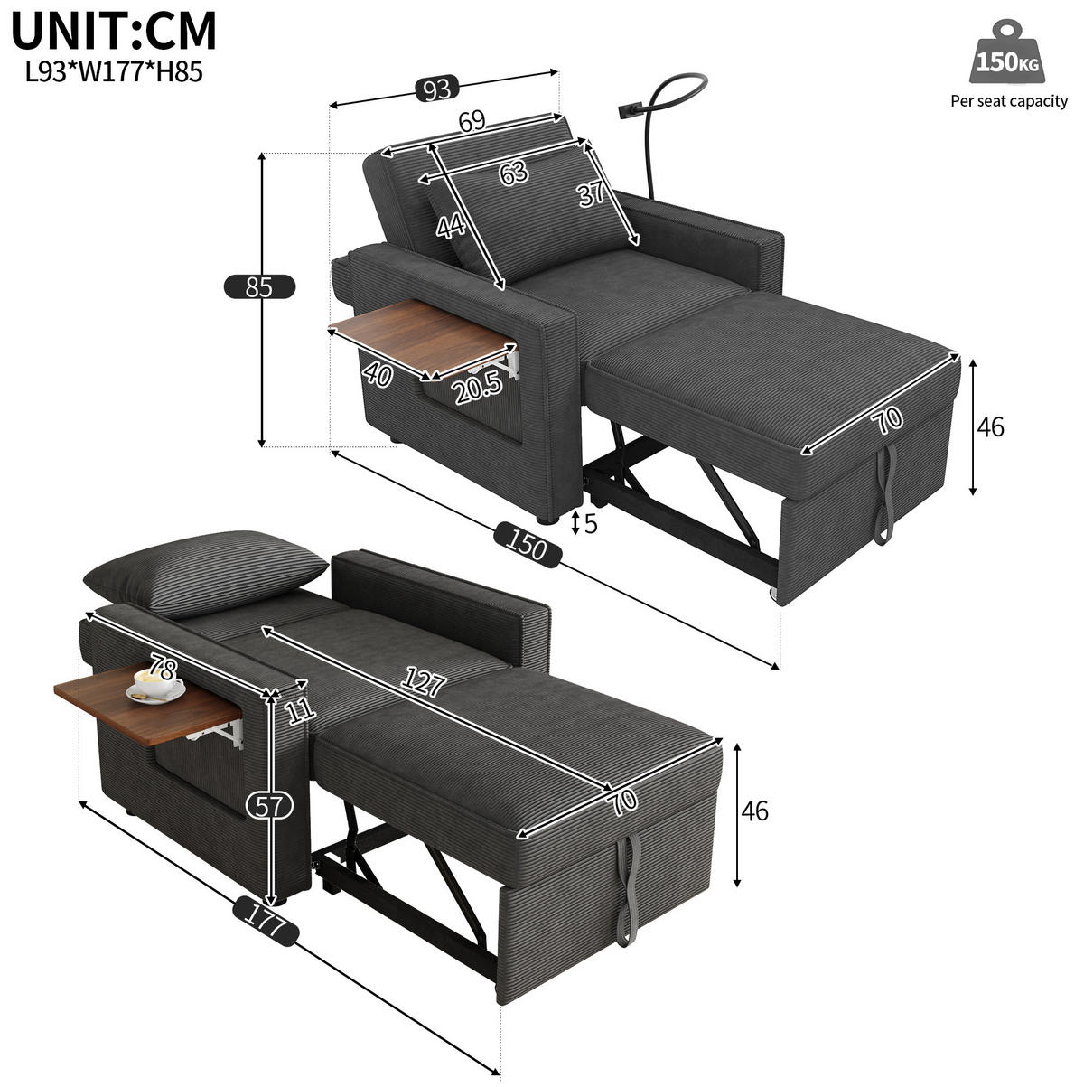ROZKLÁDACÍ pohovka 93/150/85 cm s USB a Type-C portem, 3polohovým opěradlem a držákem na telefon, Šedá - šedá, textil (93/85/150cm) - Redom