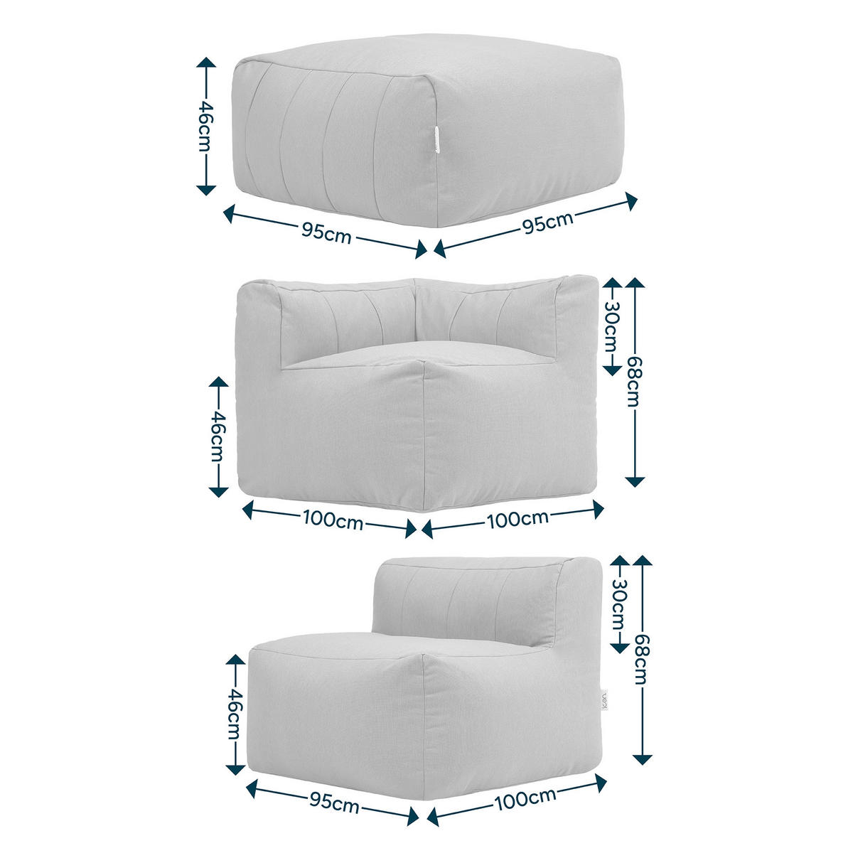 SITZSACK-SOFA Outdoor 4-tlg.: 2 Ecksessel, Sessel, Fußstütze - Beige, Textil (395/68/100cm) - icon