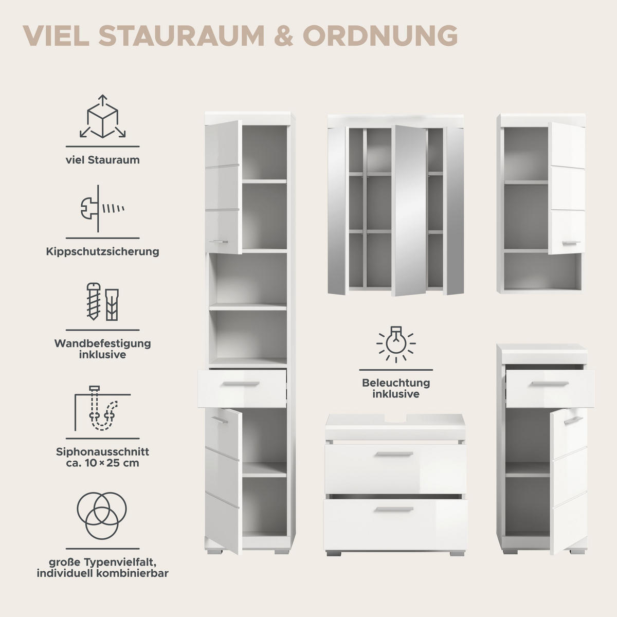 BADKOMBINATION 4tlg. Scout Bad in weiß Nachbildung und weiß hochglanz B/H/T: 164x191x34 cm - Weiß, Holz (164/191/34cm)