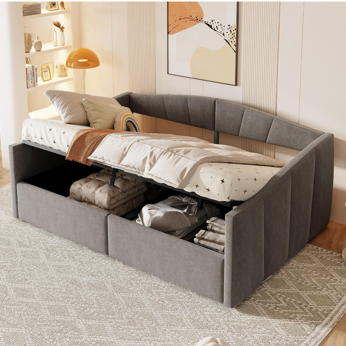 POLSTERBETT 140x200 cm Stauraum Samt grau - Grau, Textil (140/200cm) - LEBENLANG