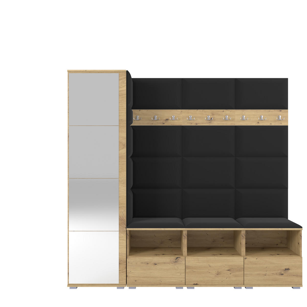 GARDEROBE NELA IX 200 cm (Modulare Flurmöbel Artisan Eiche mit Spiegel & Sitzpolster Schwarz 16 Breite Sitzbank) - Silberfarben/Schwarz, Holz/Holzwerkstoff (200/187/40cm) - Ravio