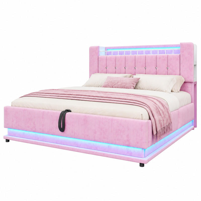POLSTERBETT mit LED, USB und Stauraum 180x200 cm Samt Rosa - Pink, Metall (180/200cm) - Beauniv