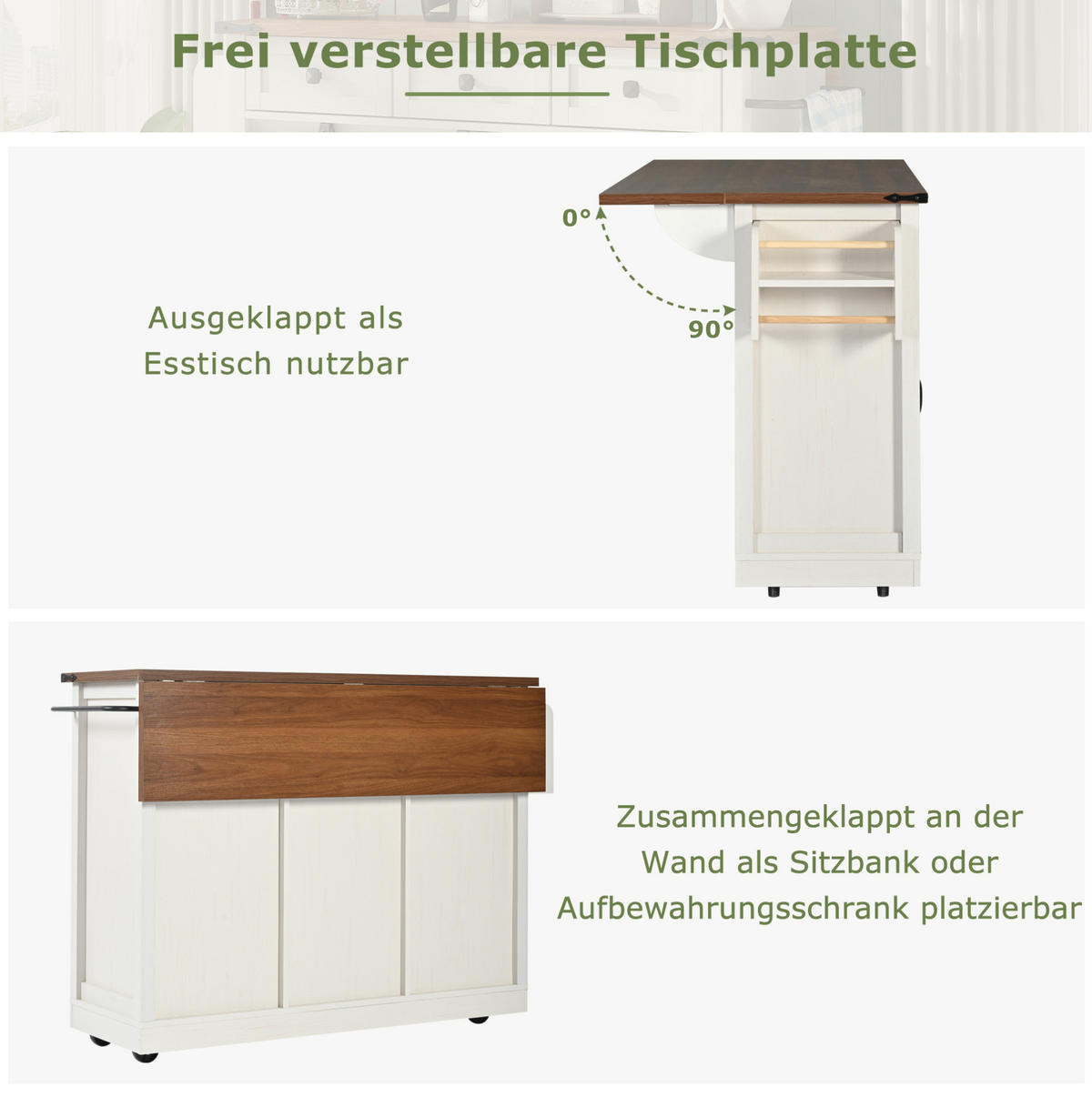 KÜCHENINSEL 140/45/94 cm Beige aus MDF mit klappbarer Tischplatte - Weiß, Holzwerkstoff (45/94/140cm) - OKMYHOME
