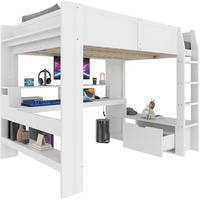 HOCHBETT 140/200 cm weiß Gaming Bett mit Schreibtisch und LED-Beleuchtung mit Matratze - Weiß, Holzwerkstoff (140/200cm) - OKWISH