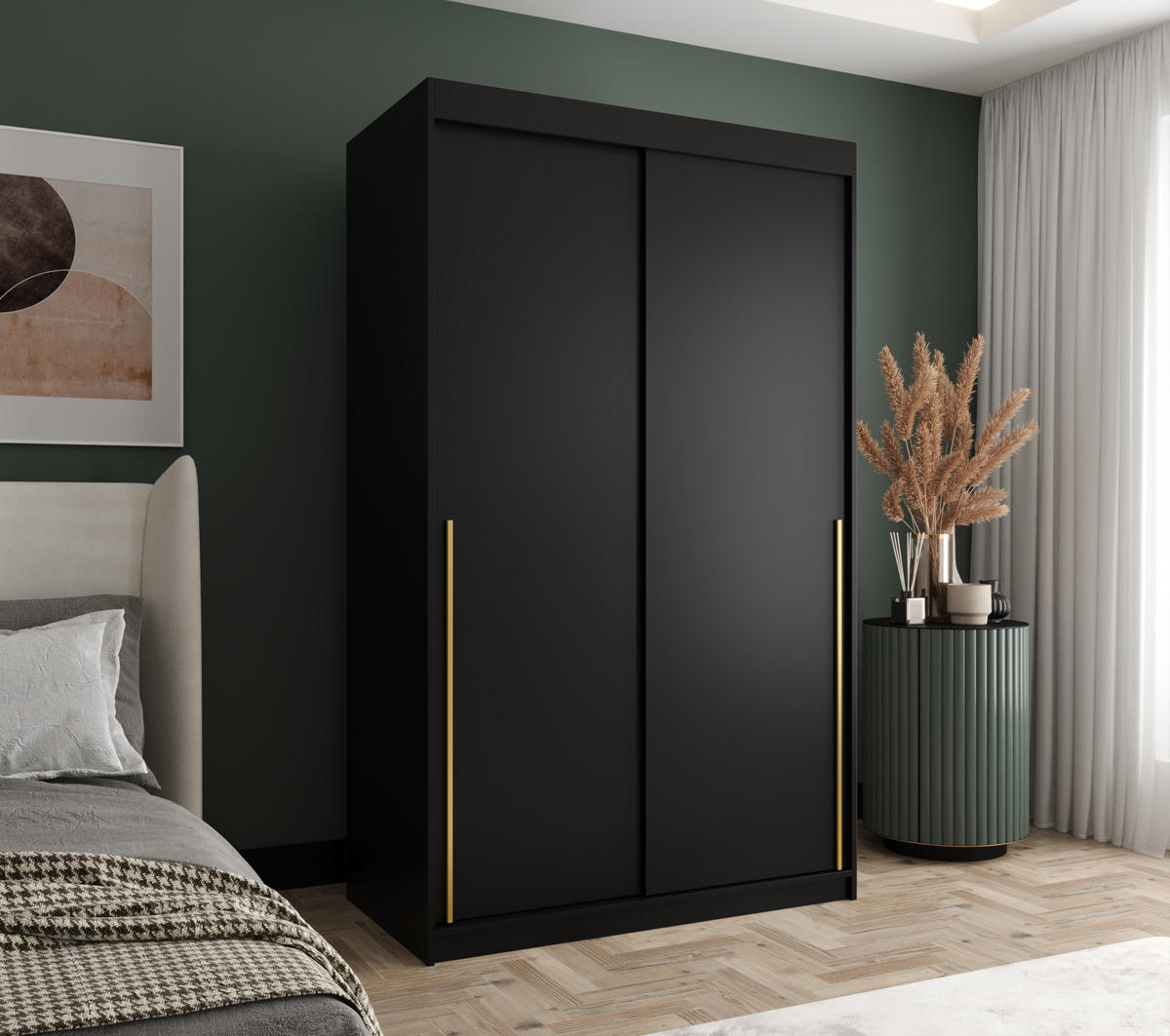 SCHIEBETÜRENSCHRANK 120 cm Breite, Schwarz mit goldenem Griff - Goldfarben/Schwarz, Holzwerkstoff (120/200/62cm) - Home Collective