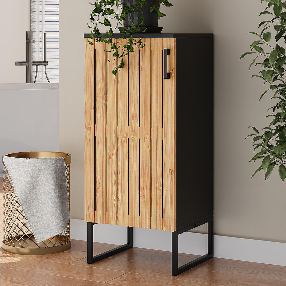 MIDISCHRANK Vayra Bambus 35 x 81 cm - Schwarz/Grün, Holzwerkstoff (35/81/31.5cm) - Vicco