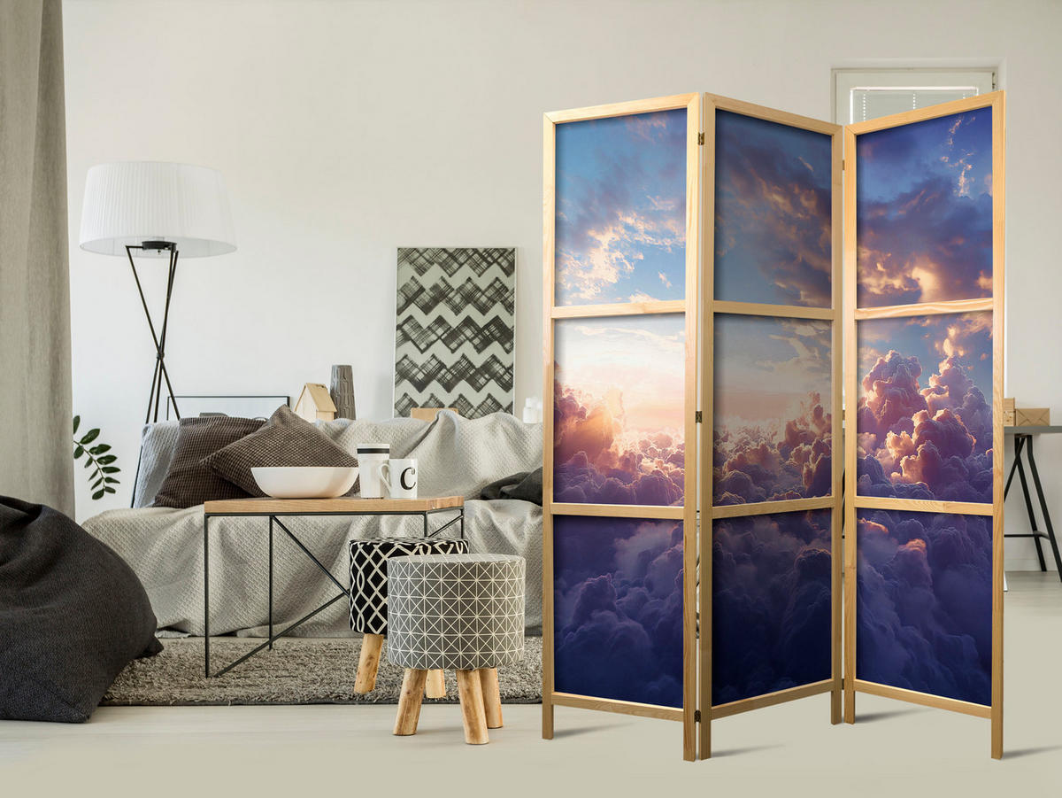 PARAVENT Japanischer 3-tlg 135x172 cm Wolken Himmel 3D - Multicolor, Holz/Textil (135/172/3cm) - Muralo