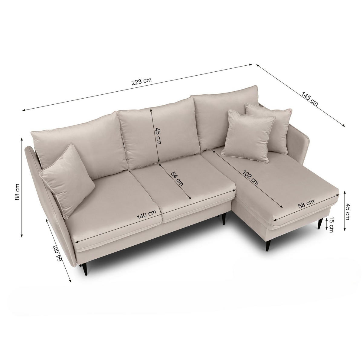 ECKSOFA Volio Grau Samt 223 cm - Schwarz/Grau, Textil/Metall (223/145cm) - Selsey