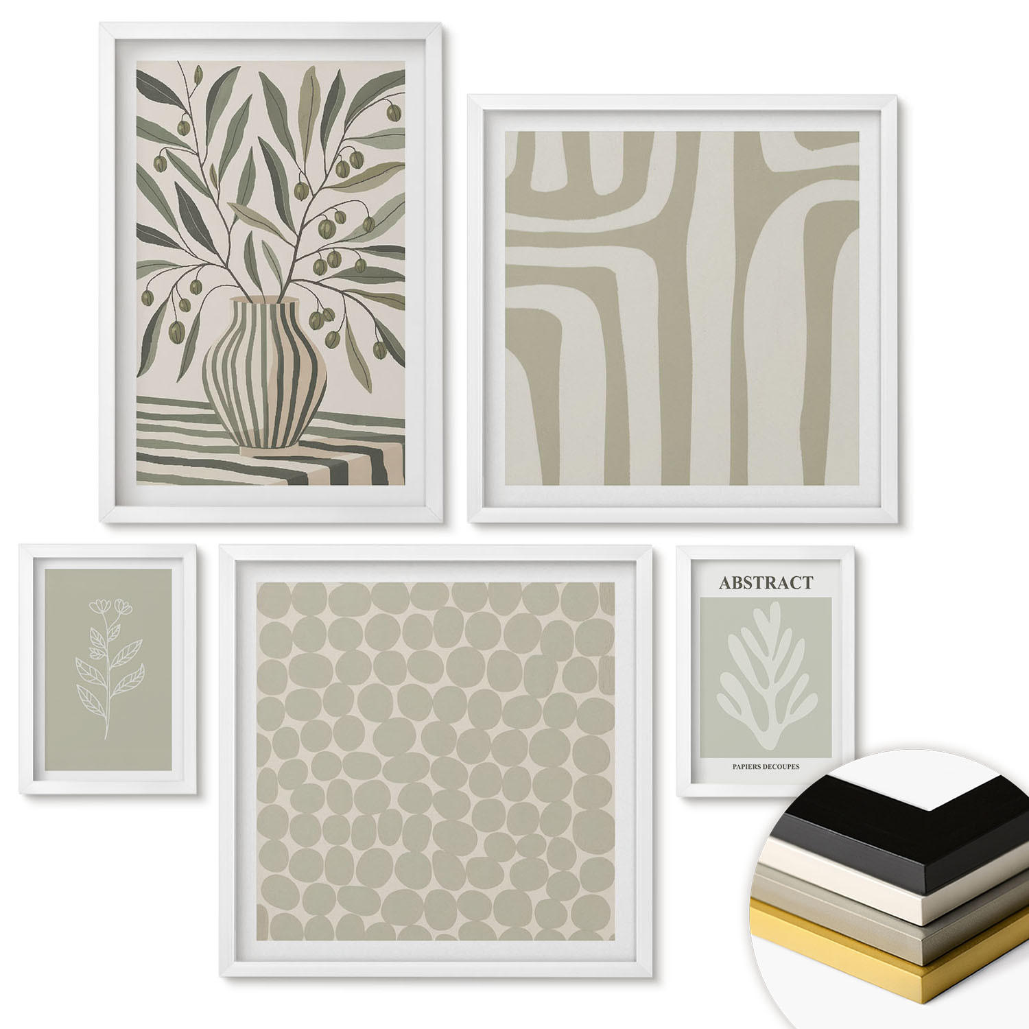 WANDBILDER 5er-Set - 50x50 cm & 20x30 cm & 40x60 cm Weißer Rahmen - Abstrakte Pflanzenmuster - Weiß, Kunststoff (40/60cm) - ArtPrintCave