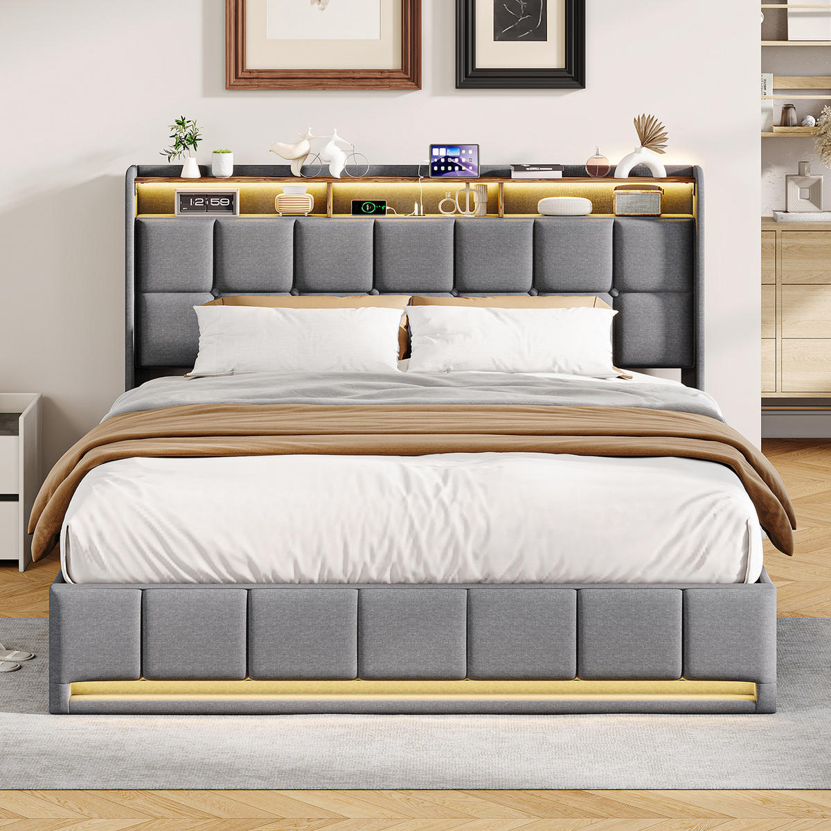 POLSTERBETT 160x200 cm LED USB C Hydraulik Stauraum Metall grau - Grau, Holz (160/200cm) - LEBENLANG