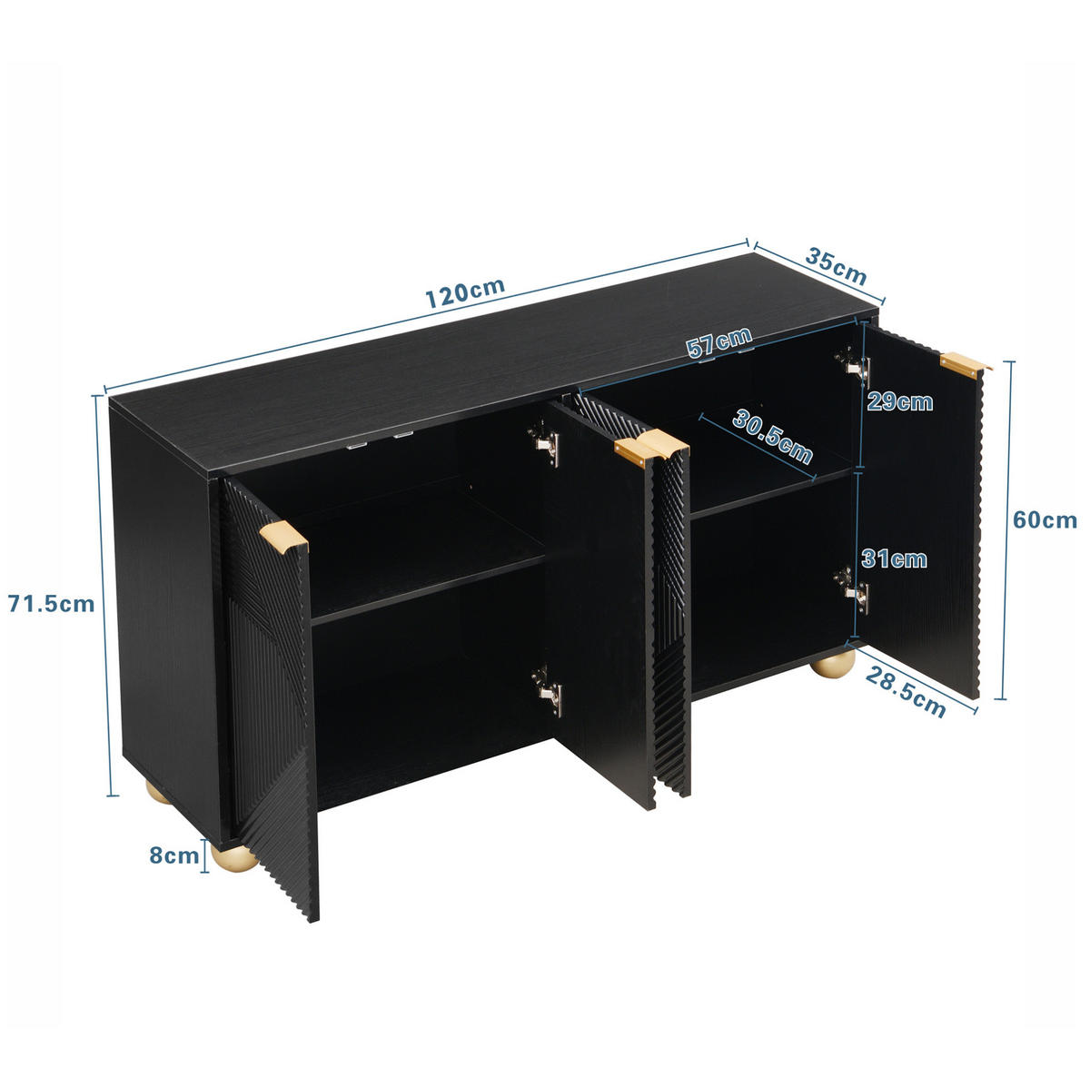 SIDEBOARD 4-türig 120 x 35 x 71,5 cm MDF Schwarz - Schwarz, Holzwerkstoff (120/71.5/35cm) - Meubliv