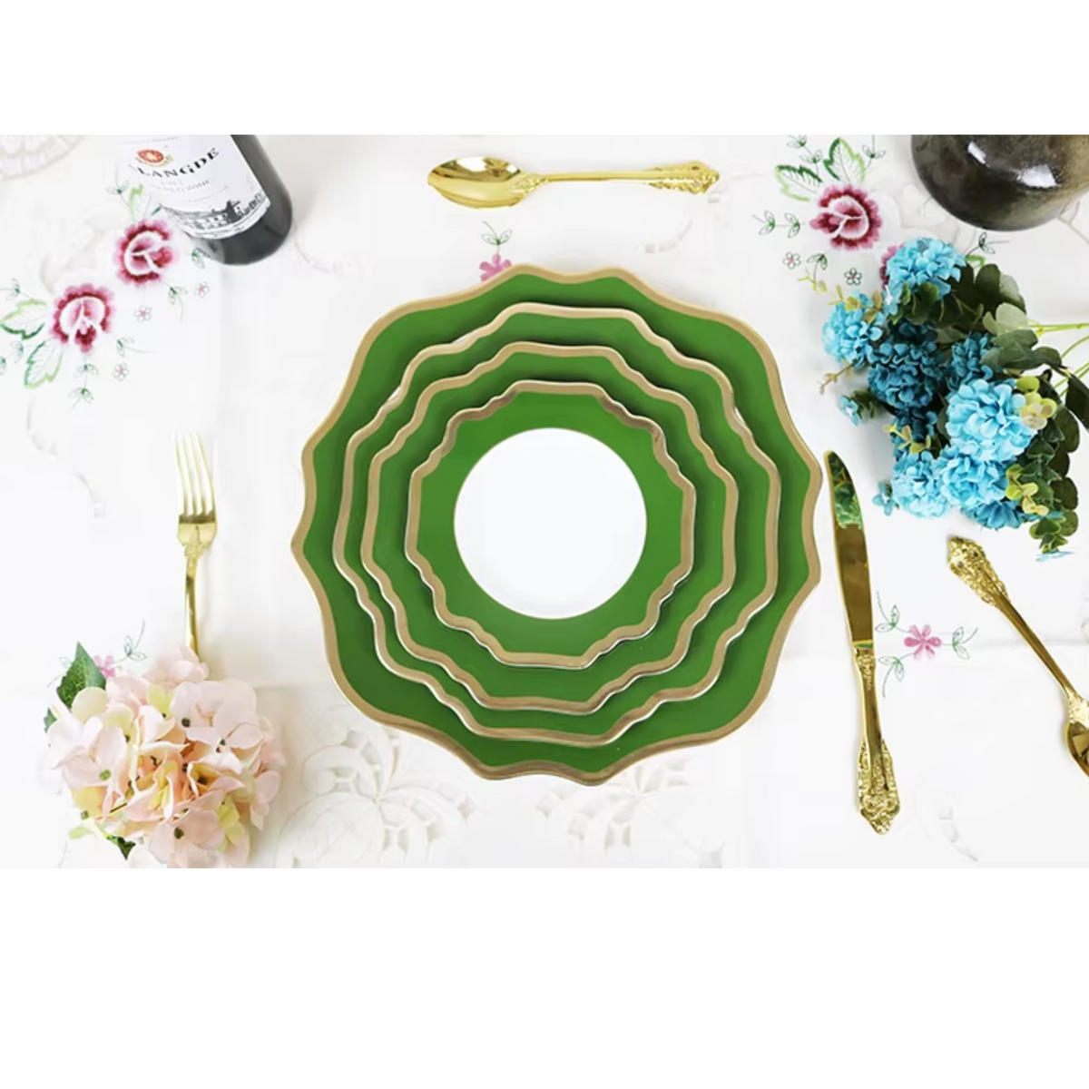 TELLERSET Grün Gold Bone China 4tlg 13" 10,5" 8,5" 6,5" - Grün, Keramik (33/33/3cm) - Quality Elegance