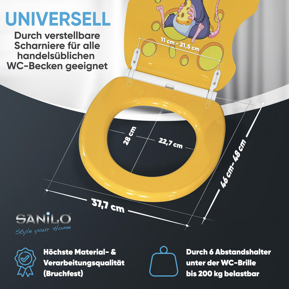 WC-SITZ mit Absenkautomatik & Top Fix Cheesy - Gelb, Holzwerkstoff (37.7/5.5/48cm) - Sanilo