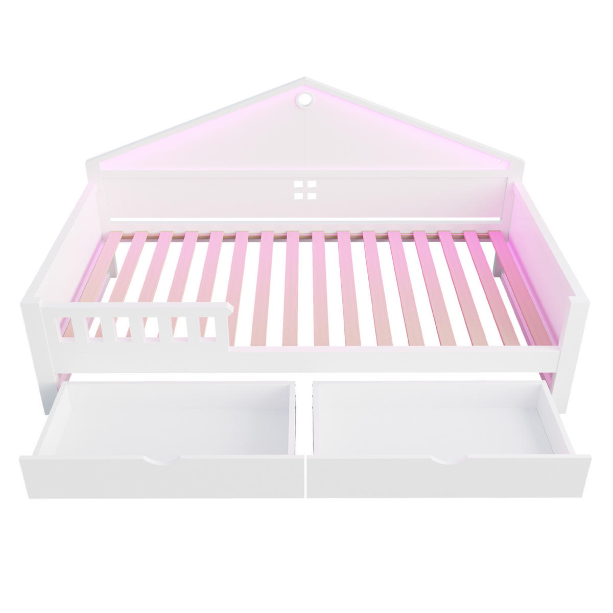 KINDERBETT 90/200 cm weiß aus Massivholz und MDF mit LED-Lichtleiste und 2 Schubladen - Weiß, Holz (90/200cm) - OKWISH