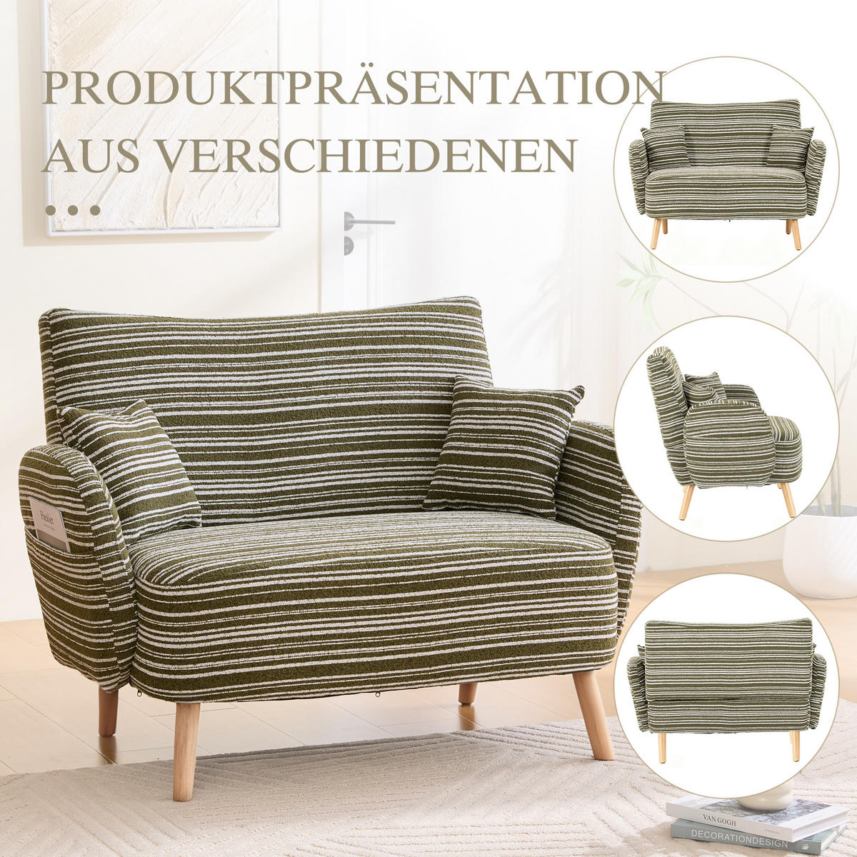 2-SITZER Sessel Grün mit Armlehnen & Seitentasche, modernes Stoffsofa - Grün, Textil/Metall (121/87/81cm) - PARAFTA HOME
