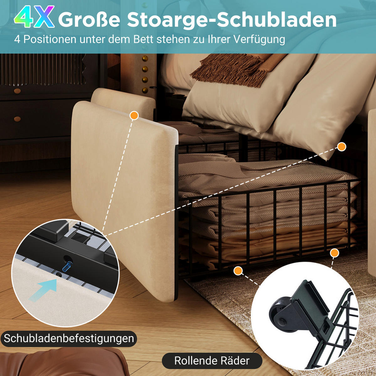 POLSTERBETT 140X200 cm mit LED-Beleuchtung, USB C,Lattenrost,Schubladen,Matratze - Beige, Holz (140/200cm) - FLIEKS