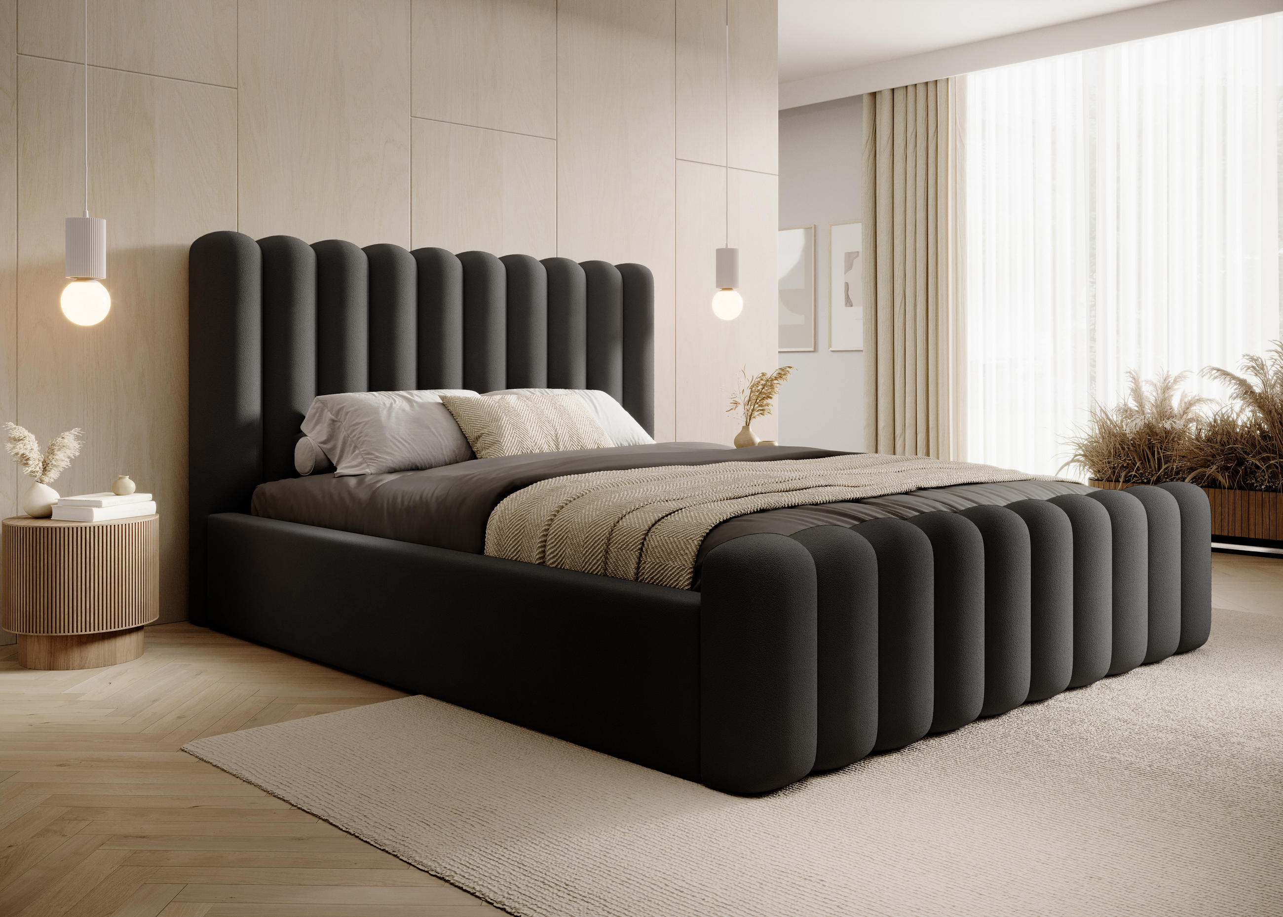 POLSTERBETT Bett Mona VII gepolstert modern, elegantes Kopfteil, Bettkasten, hochwertiger Abriamo-Stoff 200x200 cm, schwarz - Schwarz, Holzwerkstoff/Kunststoff (200/200cm) - DomoHome