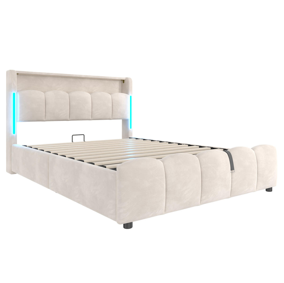 POLSTERBETT 140/200 cm mit LED-Beleuchtung, Kopfteil-Staufach, hydraulischem Bettkasten, USB und Typ-C, Samt, Beige - Beige, Textil (140/200cm) - Redom