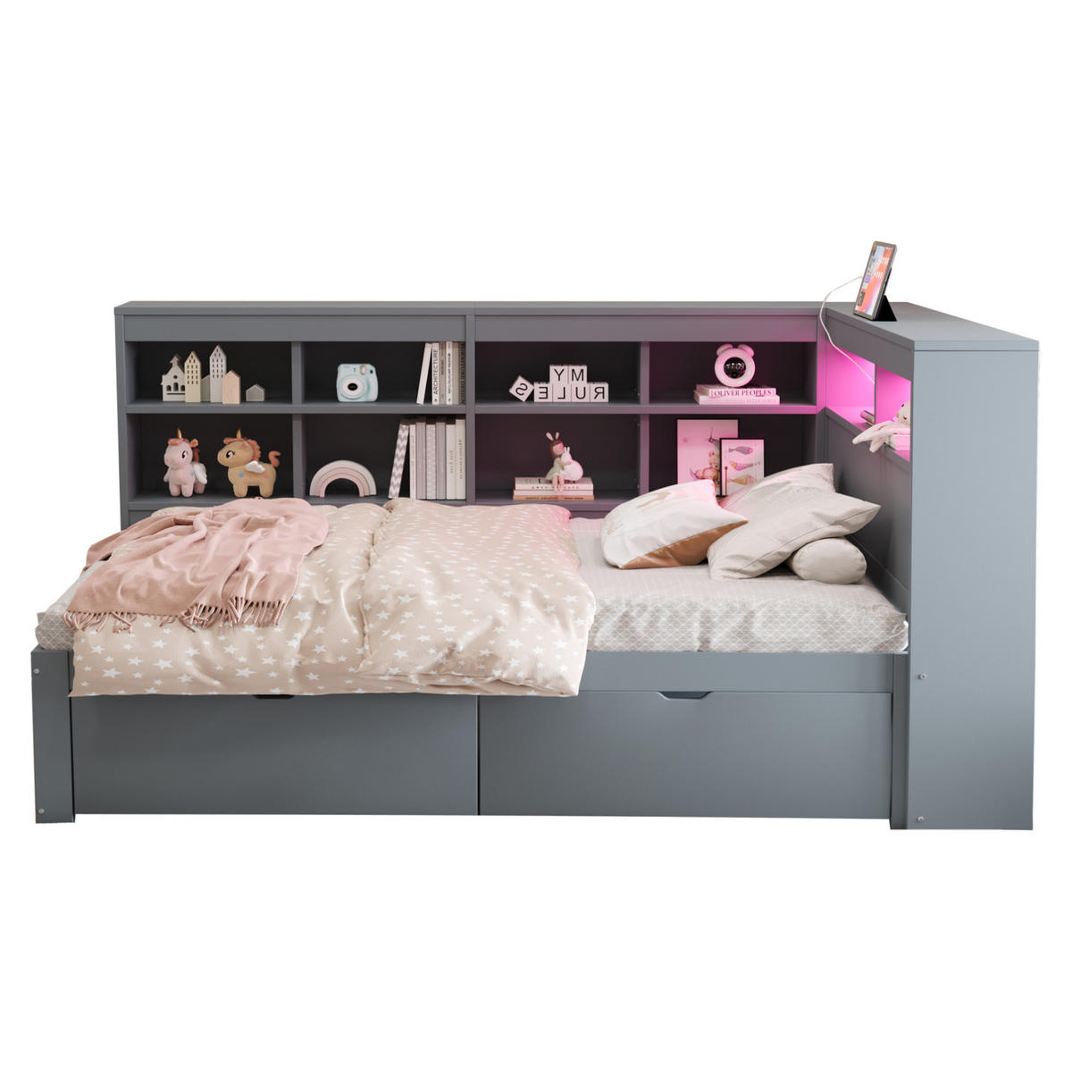 BETT 90/200 cm aus Massivholz mit Stauraum, LED und USB, Grau - Grau, Holzwerkstoff (90/200cm) - Flora Grace