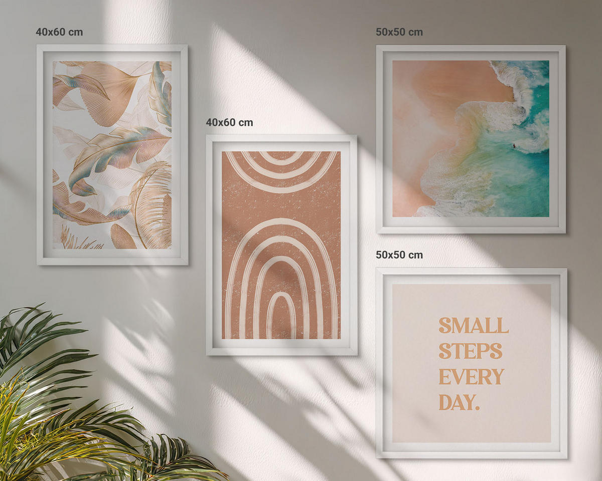 WANDBILDER 4er-Set - 50x50 cm & 40x60 cm Weißer Rahmen - Zarte Boho-Blätterschrift - Weiß, Kunststoff (50/50cm) - ArtPrintCave
