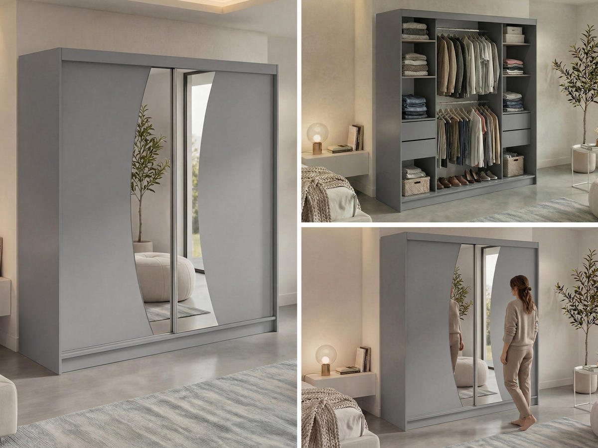 SCHWEBETÜRENSCHRANK mit Schubladen 200 - VERONA - Grau mit Spiegel - Alufarben/Grau, Holzwerkstoff/Metall (200/216/61cm) - MKS