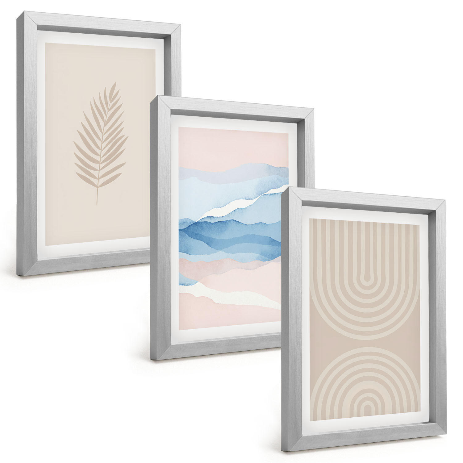 BILDER SET 3er Set - 20x30 cm Silberner Rahmen - Blätterwellen beige blau - Silberfarben, Kunststoff (20/30cm) - TULUP