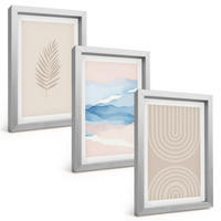 BILDER SET 3er Set - 20x30 cm Silberner Rahmen - Blätterwellen beige blau - Silberfarben, Kunststoff (20/30cm) - TULUP