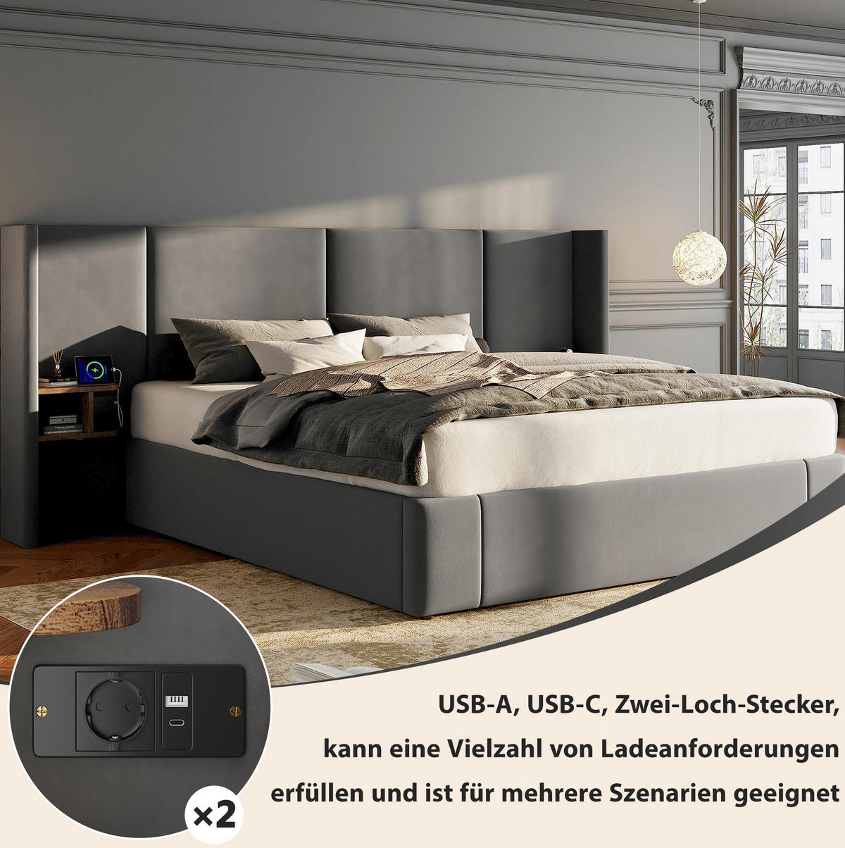 ČALÚNENÁ posteľ 160/200 cm zamat béžová, s úložným priestorom, USB a 2 nočnými stolíkmi - béžová, textil (160/200cm) - BEAOK