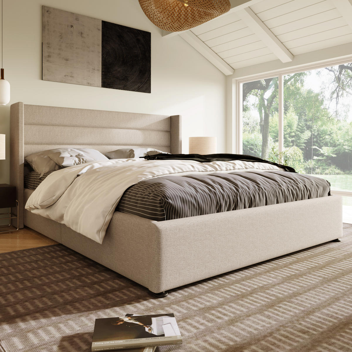 POLSTERBETT mit Bettkasten 180x200 cm Leinen Beige - Beige, Metall (180/200cm) - Meubliv