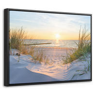 LEINWAND Bilder mit Rahmen - Strand - Sonne - Düne - Gras - Sand - Horizont - 40x30 - Hellblau, Textil (40/30cm) - MuchoWow